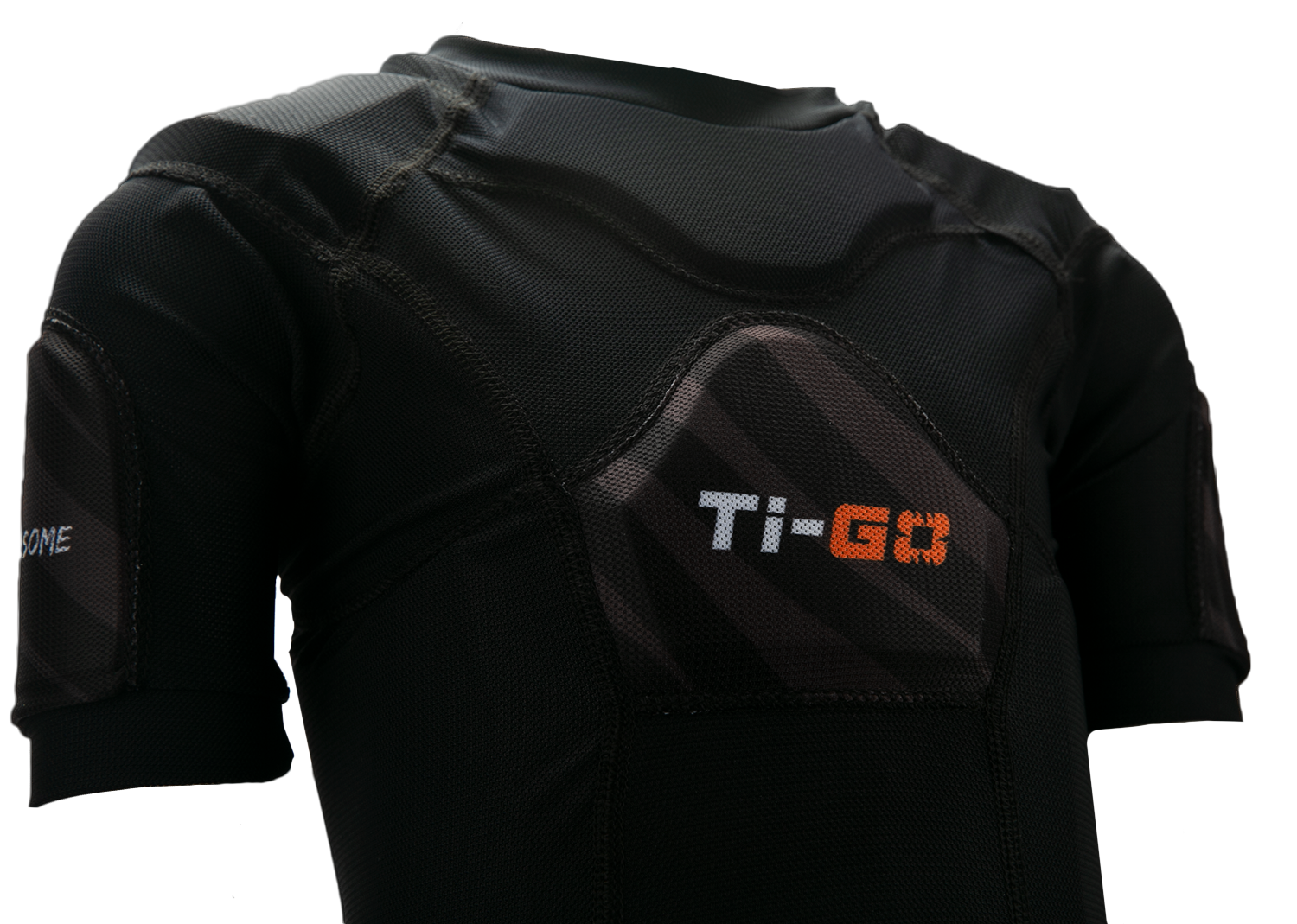 Close-up of a black motorcycle riding suit with the label 'Ti-G03' on the chest.