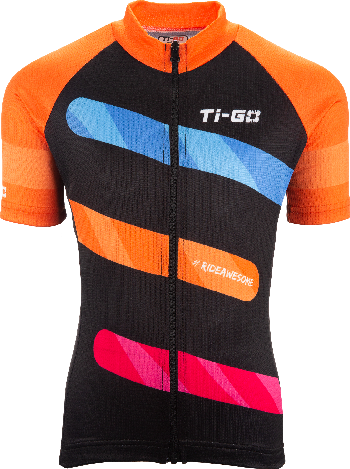 Colorful cycling jersey with orange, black, blue, and pink stripes and the text '#RIDEAWESOME' on it.