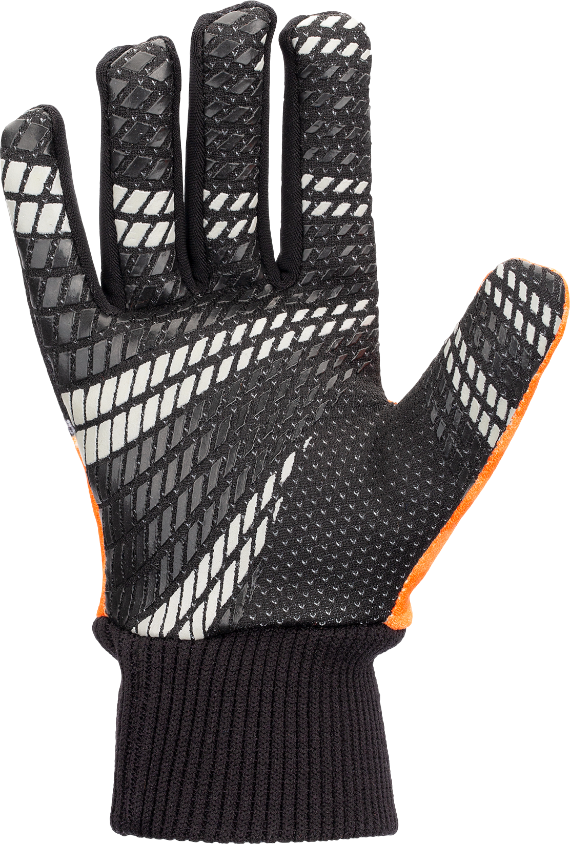A black goalkeeper glove with white and black patterns on the backhand and fingers, and a textured palm, against a pixelated gray background.
