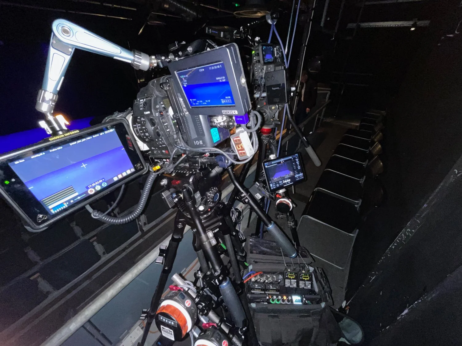 A camera rig with multiple monitors and equipment set up for filming or broadcasting in a dark theater or studio.