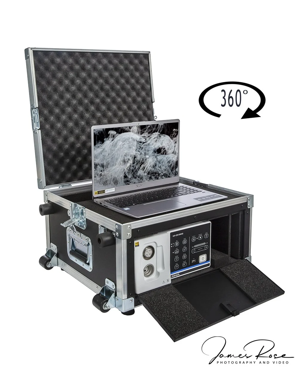 A portable case with foam padding, containing a laptop and electronic equipment, with a 360-degree rotation icon in the background.