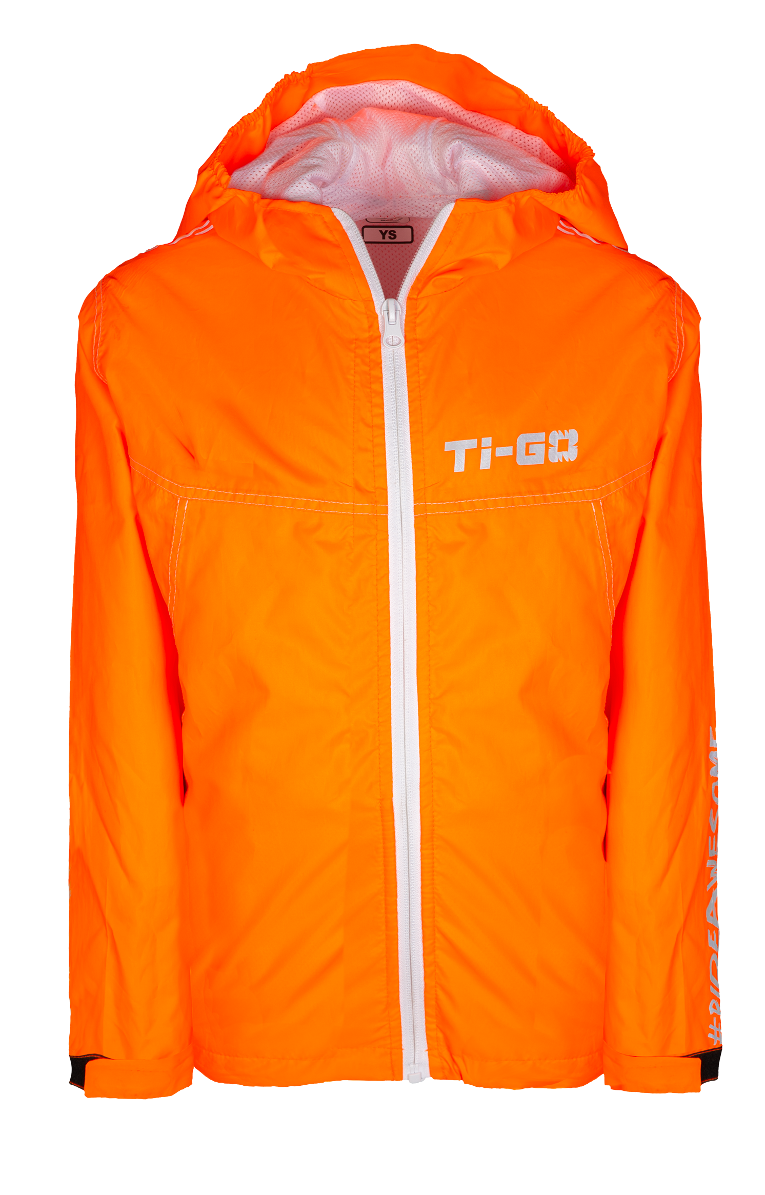 Bright orange windbreaker jacket with white zipper, logo on the chest, and text on the sleeve.