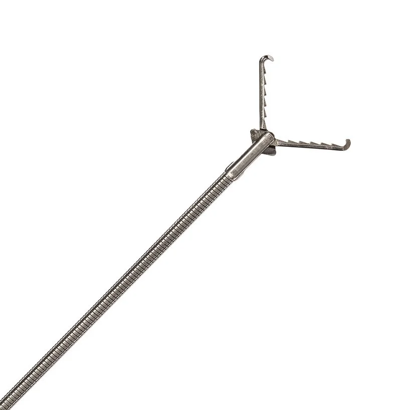 Medical tongue depressor with a metal tongue and cheeks retractor attached to it.