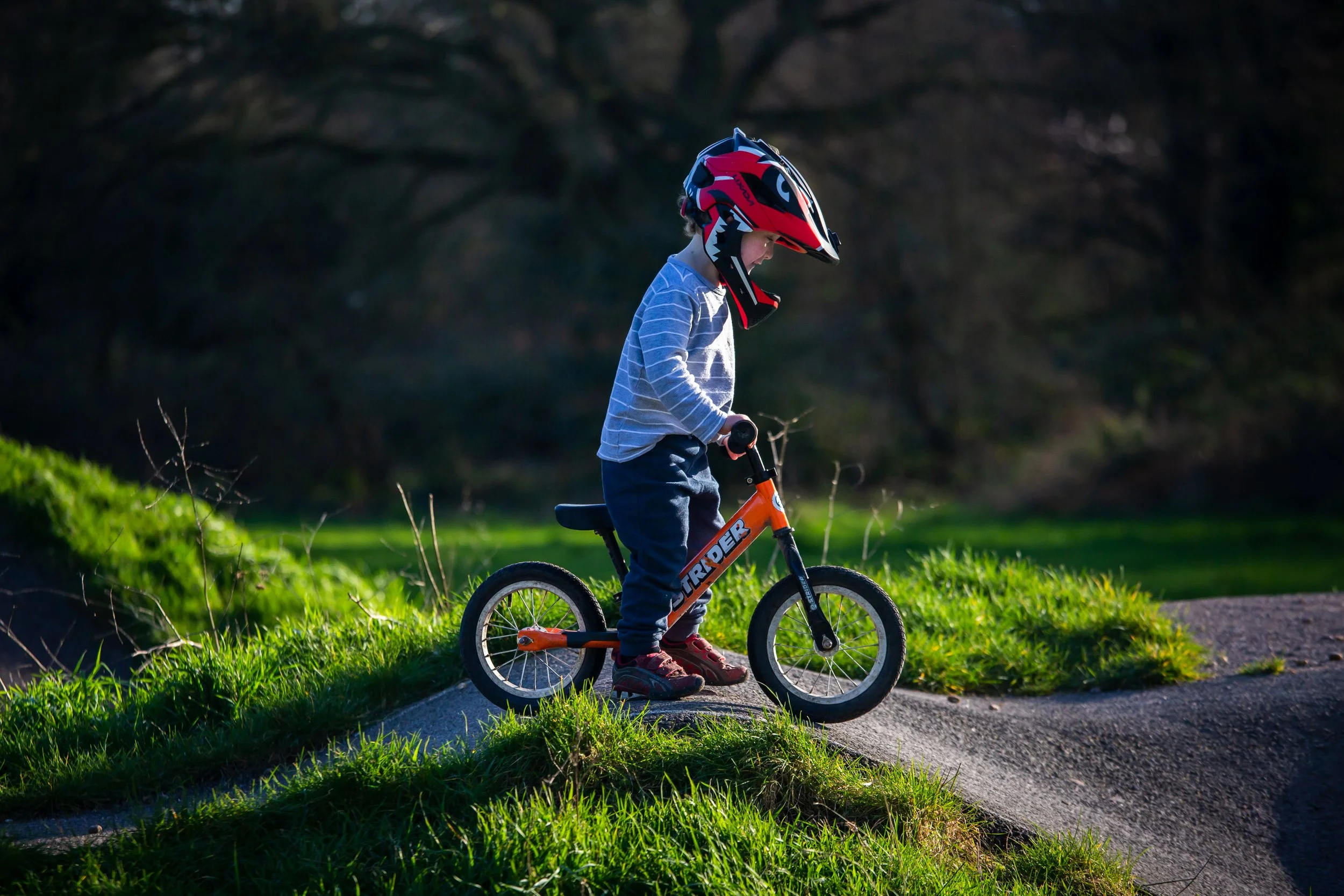 Young boy wearing a red and black helmet riding a small orange bike on a grassy park trail.