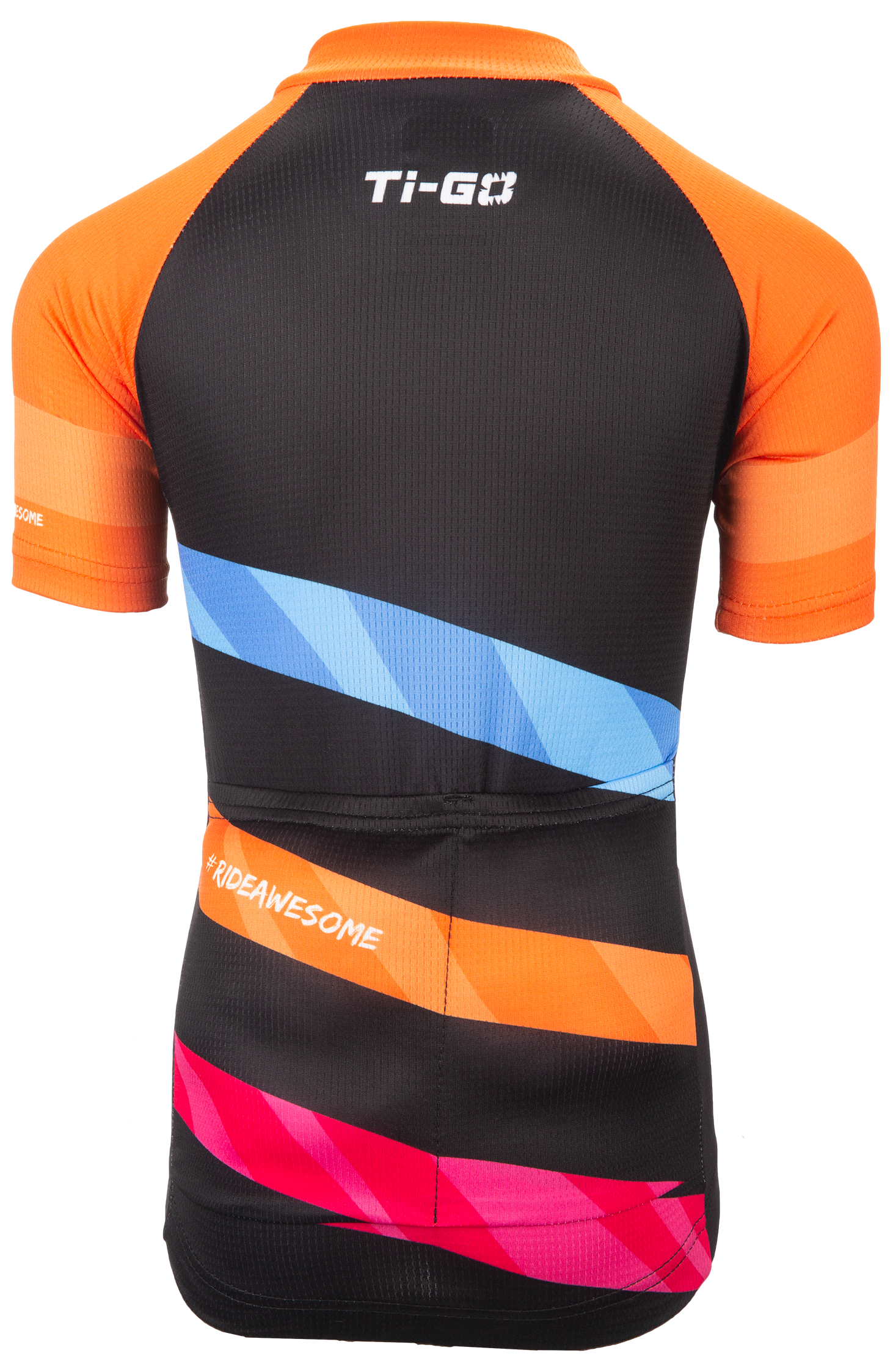 A cycling jersey with orange sleeves, black body, blue diagonal stripe, and pink accents, featuring the text '#RIDEAWESOME' and 'Ti-GO'