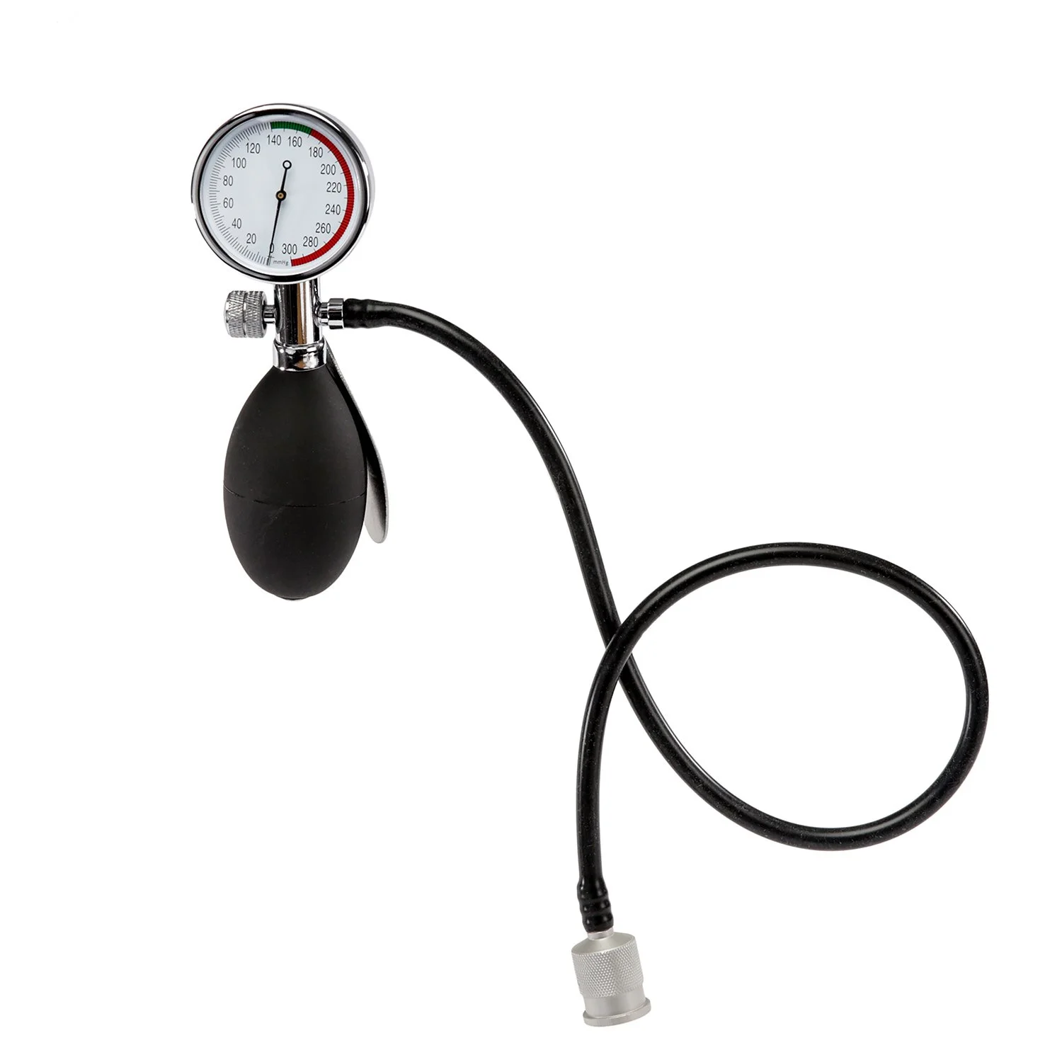 A blood pressure monitor with a black cuff, a gauge, and a rubber bulb for inflating, isolated on a white background.