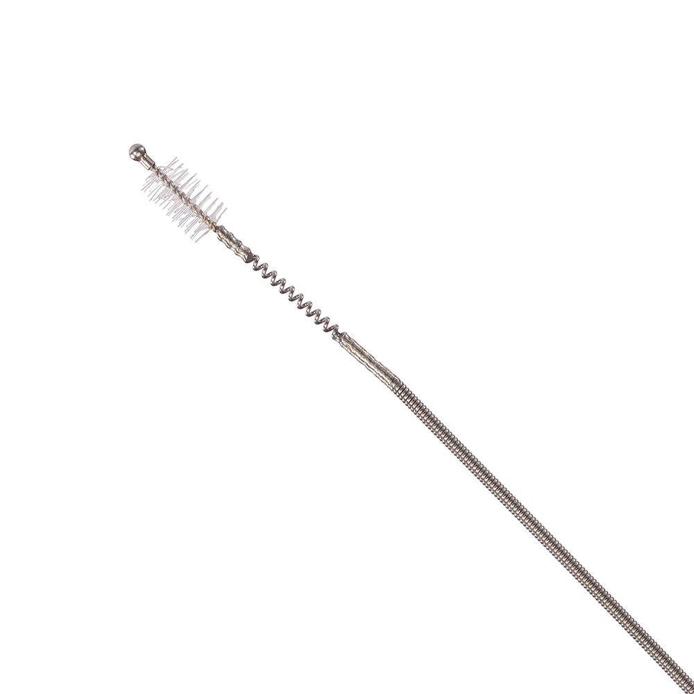 Metal pipe with a coiled spring and a brush, used for cleaning
