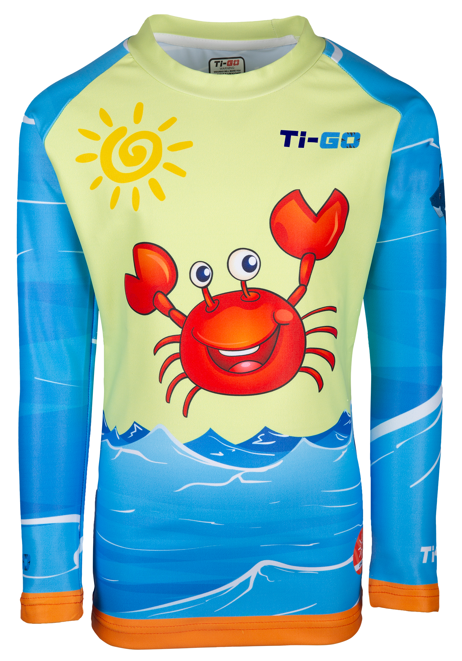 Long-sleeve athletic shirt with a neon yellow body and blue sleeves, featuring a cartoon crab with big eyes and a smile, a yellow sun in the top left, and ocean waves at the bottom.