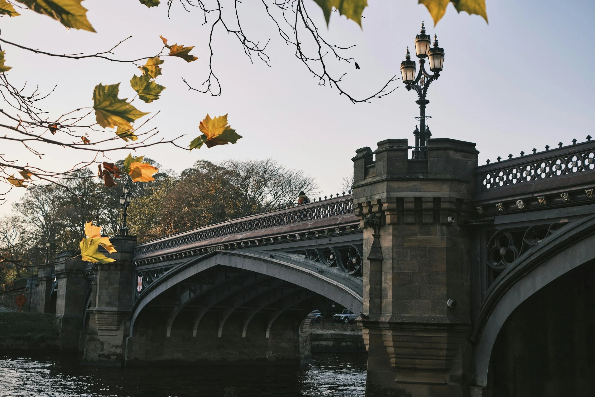 A stone bridge with decorative ironwork railings and ornate street lamps over a river, with trees and falling autumn leaves surrounding it.