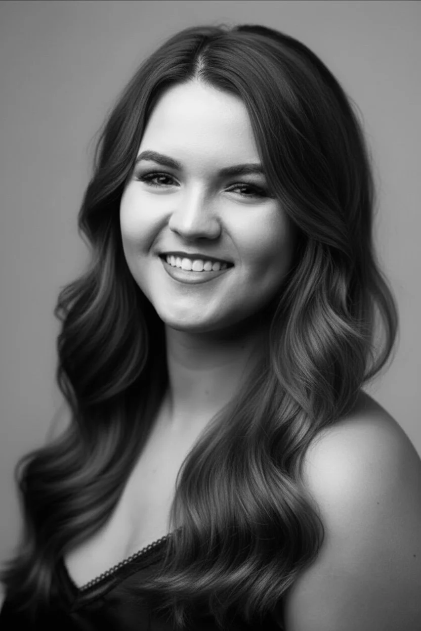 Black and white portrait of a smiling woman with long wavy hair.