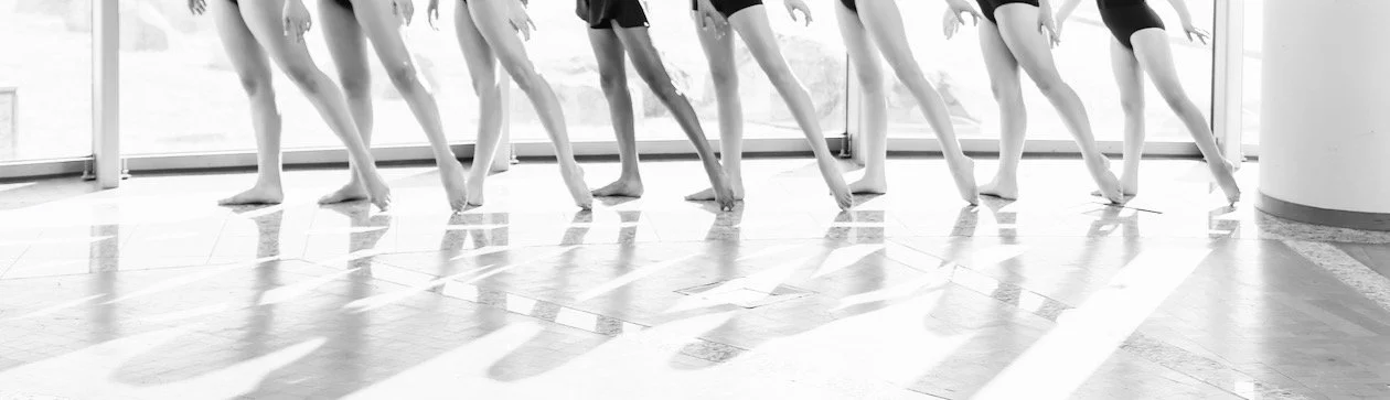 Line of ballet dancers stretching in a sunlit dance studio.