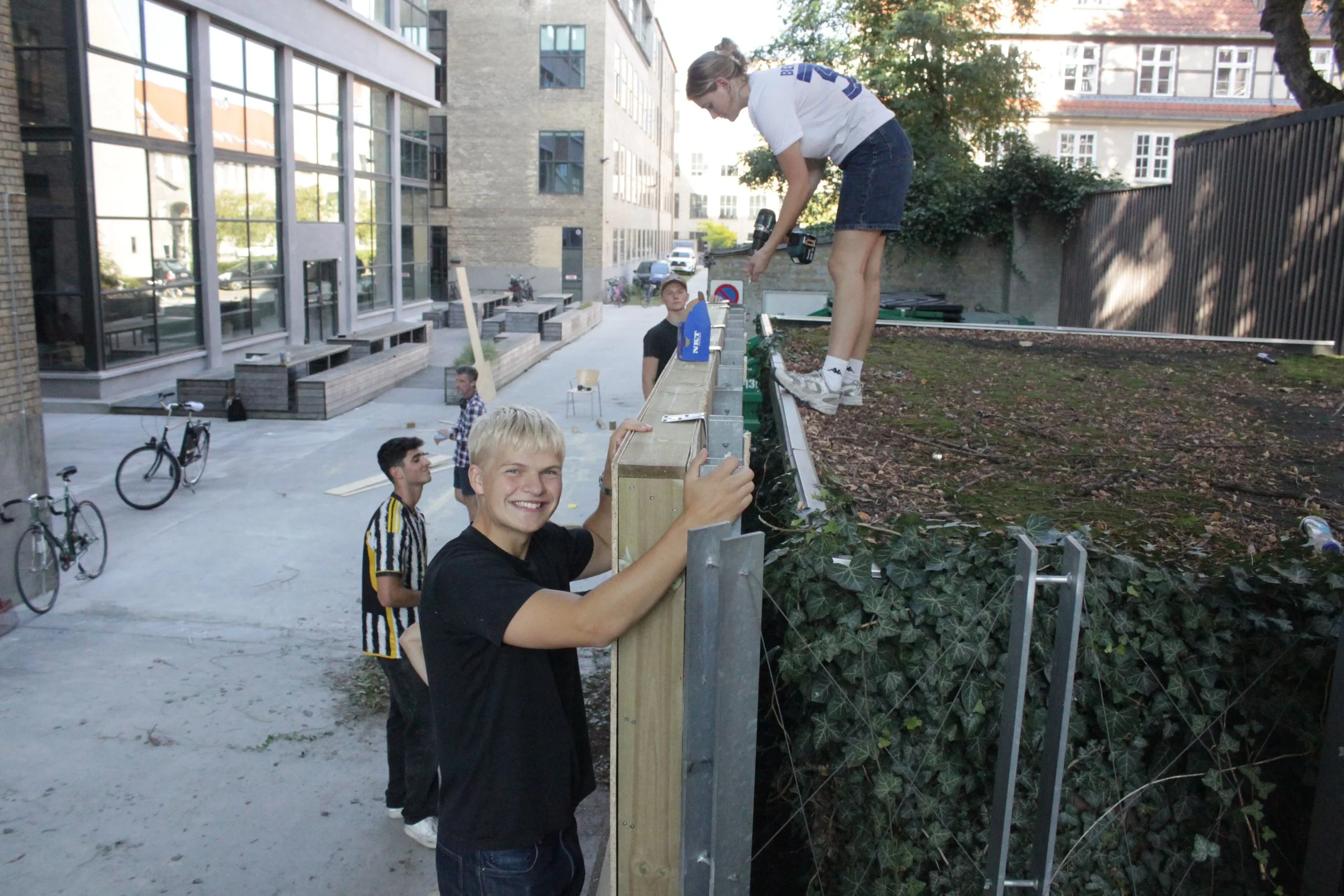 Group of young people working together outdoors, some standing on a construction platform and others on the ground, installing or repairing a fence next to a green ivy-covered area, with buildings and bicycles nearby.