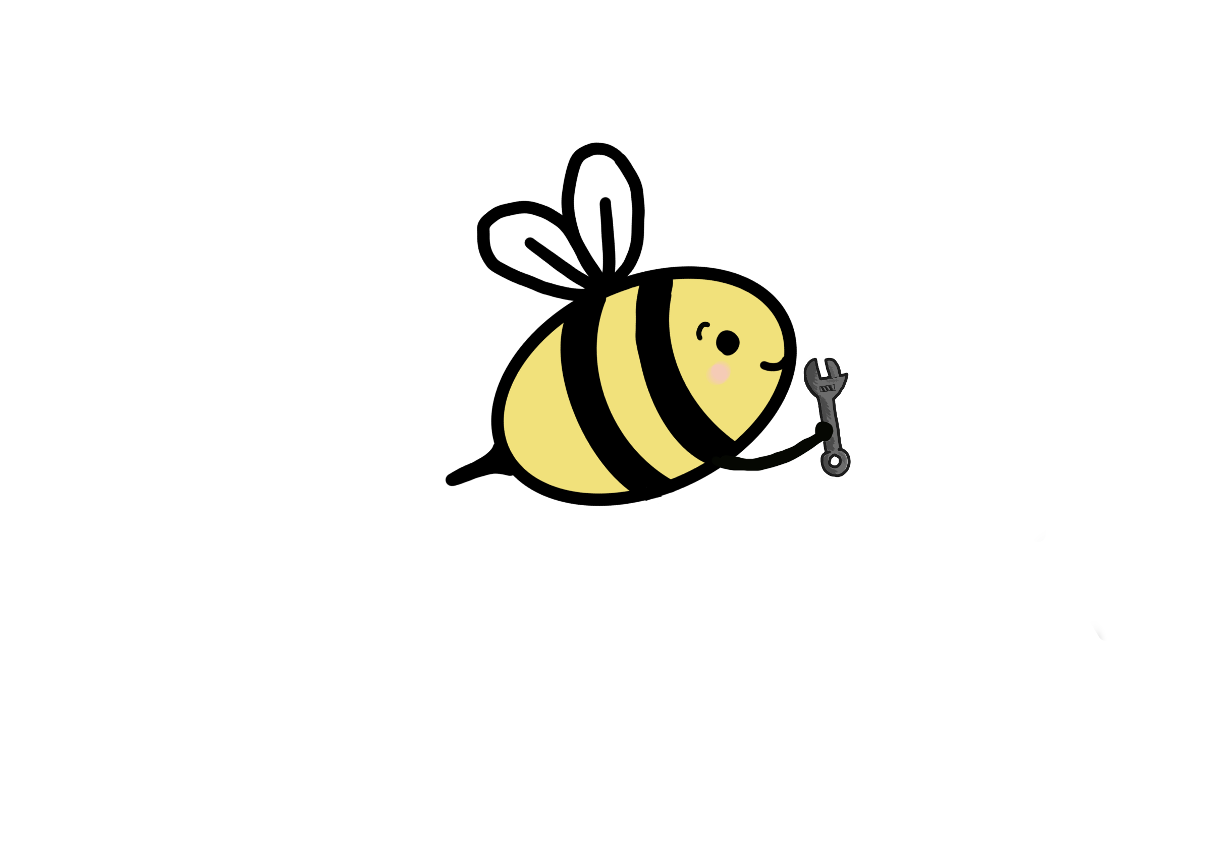 En tegnet bi med ansigt, der holder en skruenøgle.