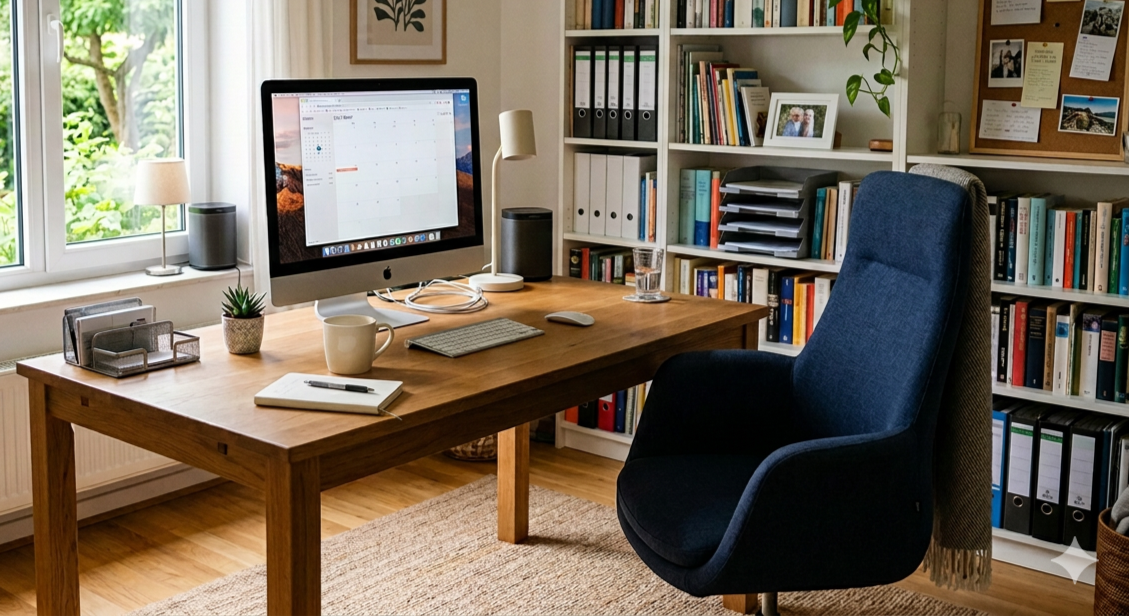 Home office with wooden desk, desktop computer, bookshelves filled with books and folders, and a large blue office chair.