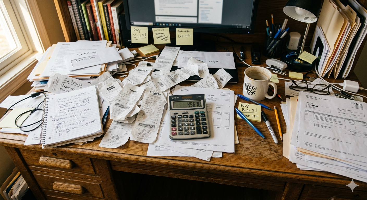 A cluttered wooden desk filled with receipts, tax documents, a calculator, notebooks, pens, a coffee mug labeled 'Messy Desk,' glasses, and sticky notes.