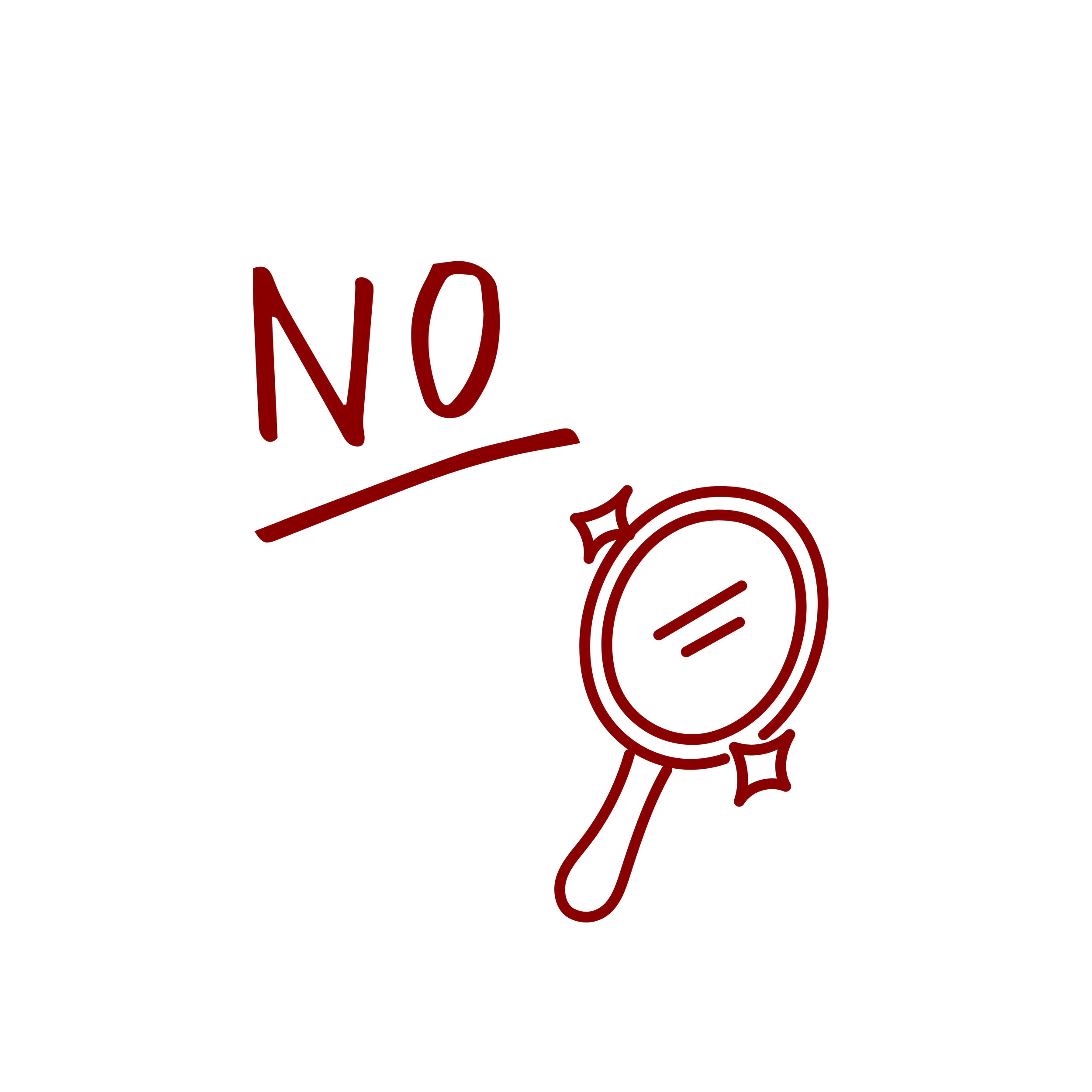 White background with red text that says "NO" and a red outline handheld mirror icon.