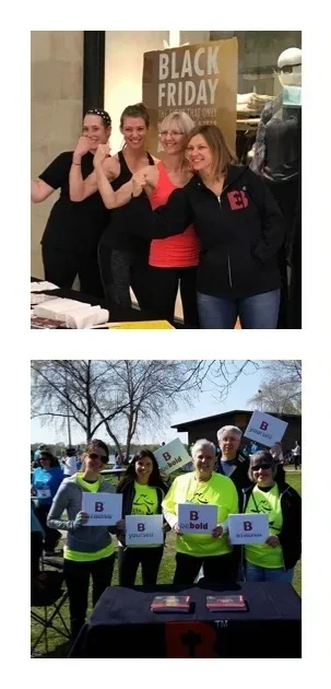 Two groups of women, one inside a store near a Black Friday sign, and the other outside in a park with trees, holding Bolda signs and smiling.