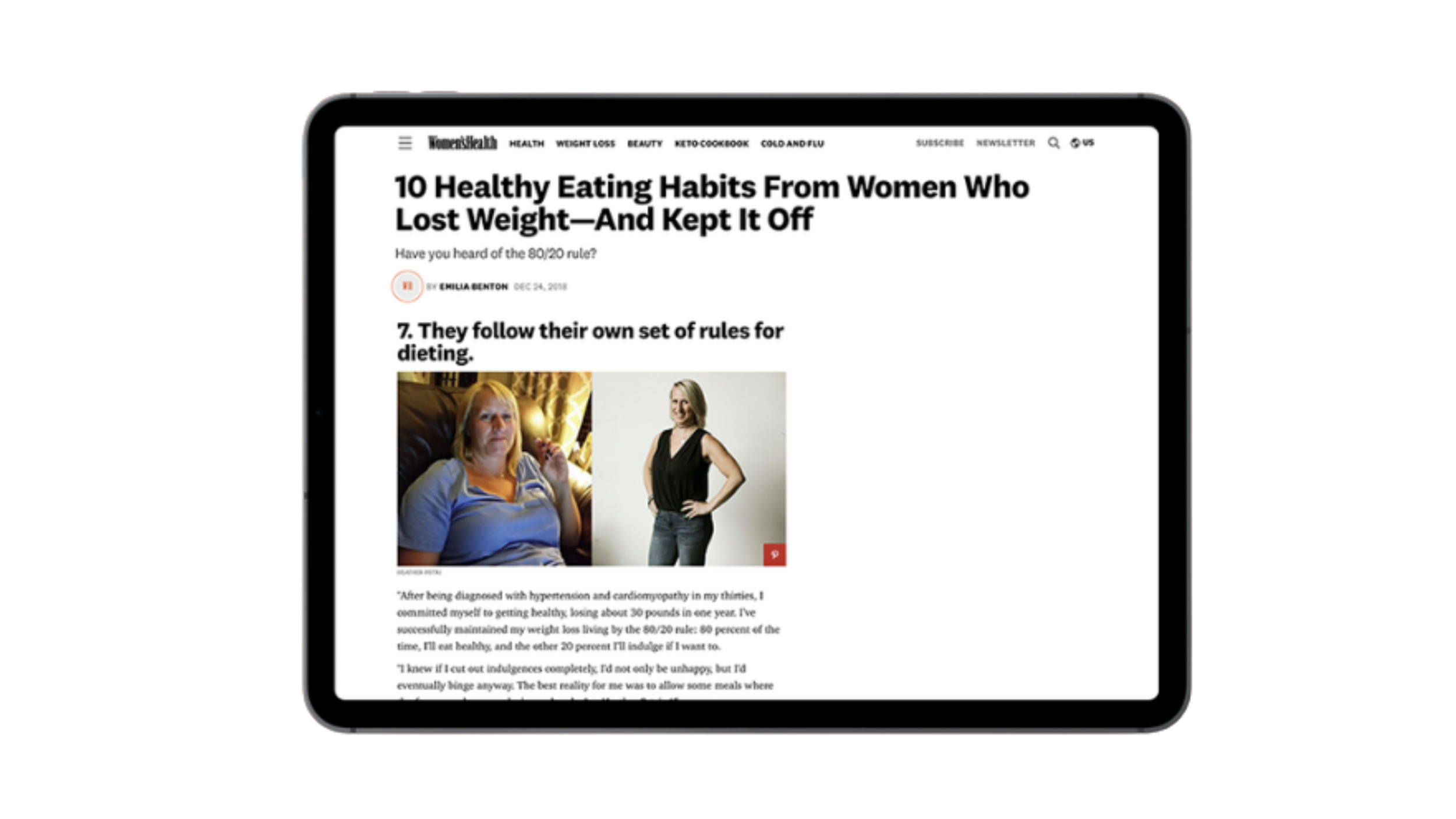 Tablet displaying an article titled '10 Healthy Eating Habits From Women Who Lost Weight—And Kept It Off' with images of two women, one overweight and one with a healthy weight.