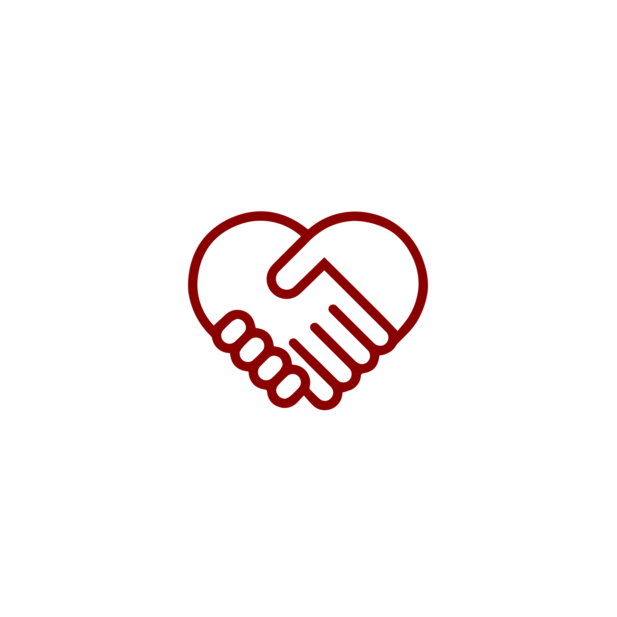 White background with red outline of a heart shaped handshake symbol.