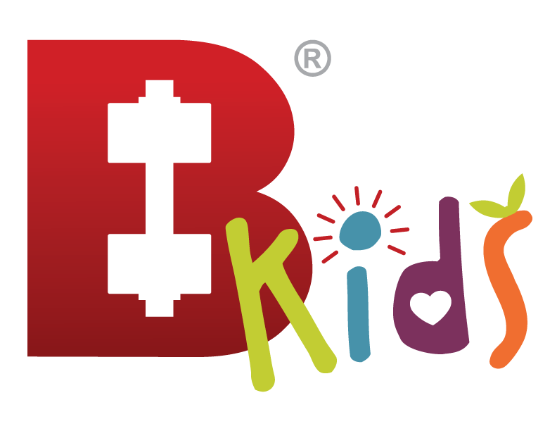 Colorful graphic logo with a red letter 'B' and the word 'kids' in multicolored letters, with playful icons including a cross, sun, heart, and plant.