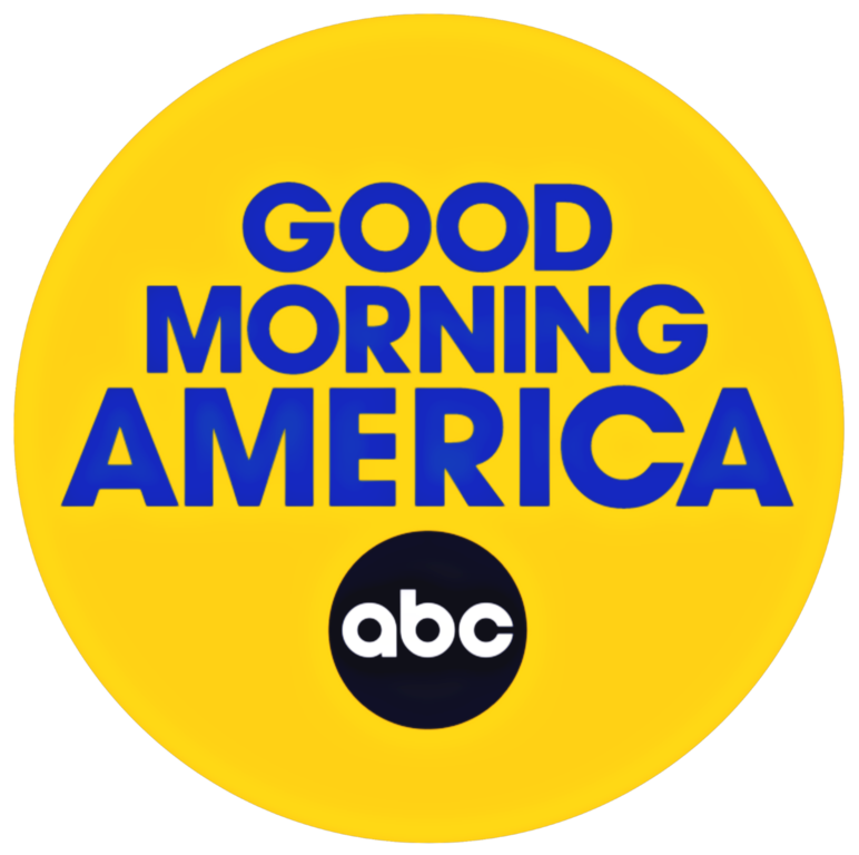 Yellow circular logo with blue text that reads 'Good Morning America' and a black circle with white lowercase letters 'abc' at the bottom.