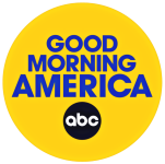 Yellow circular logo with blue text that reads 'Good Morning America' and a small black circle with 'abc' in white letters.