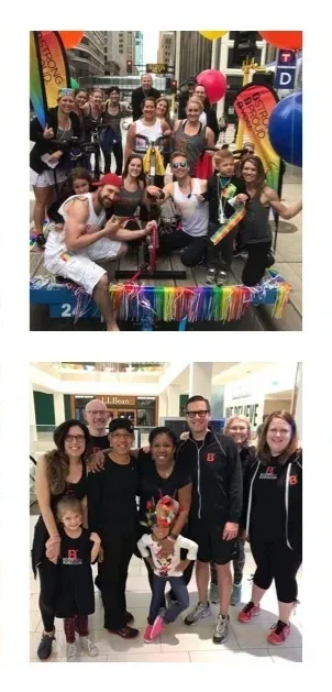 Two groups of people posing at events, one outdoor with balloons and rainbow decorations, the other indoor at a mall, including children and adults.