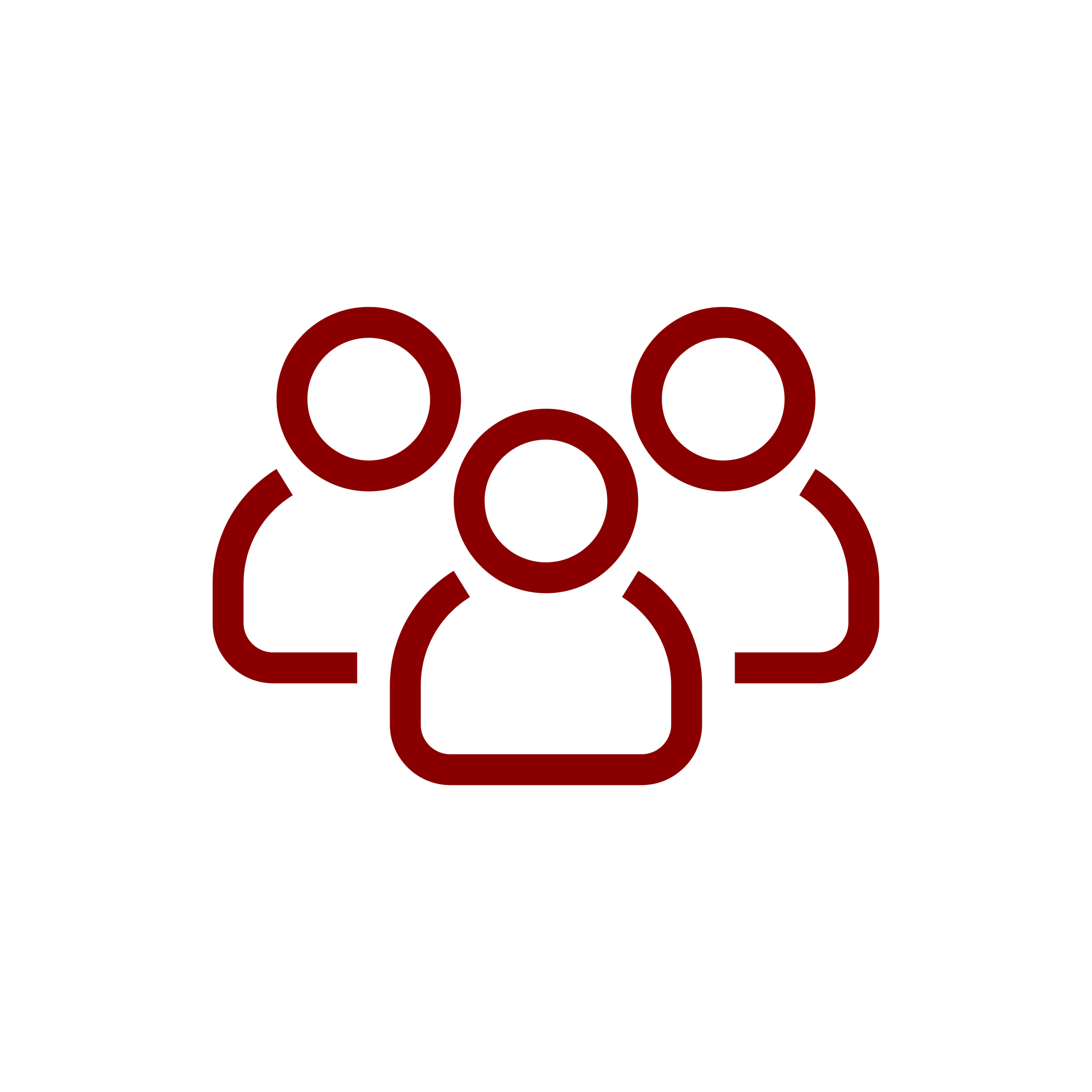 Icon of three people in red outline on black background, representing a group or community.