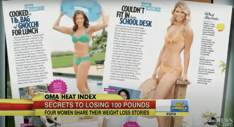 Page spread of a magazine article featuring two women sharing weight loss stories, with headlines like 'Cooked a 1 lb. Bag of Gnocchi for Lunch' and 'Couldn't Fit in Her School Desk,' and a banner on a TV screen reading 'Secrets to Losing 100 Pounds' on 'Good Morning America'