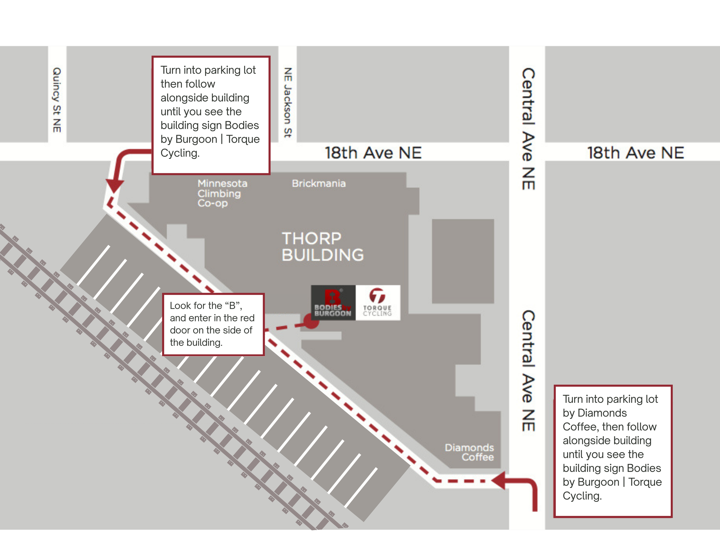 Map with directions to ThrOP Building, showing taking a left turn onto 18th Ave NE, following parking lot signs for Diamonds Coffee and Burgoon Torque Cycling, and entering the building through a red door on the side.