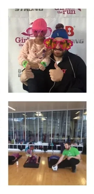 Two images: the first shows a woman and a man with humorous accessories, including oversized glasses and colorful flower glasses. The woman is wearing a pink wig and pink glasses, while the man is wearing a blue hat and colorful flower glasses, both giving thumbs up. The second image shows a man in a green shirt kneeling on the floor with two children sitting on cushions, in a spacious room with large windows.