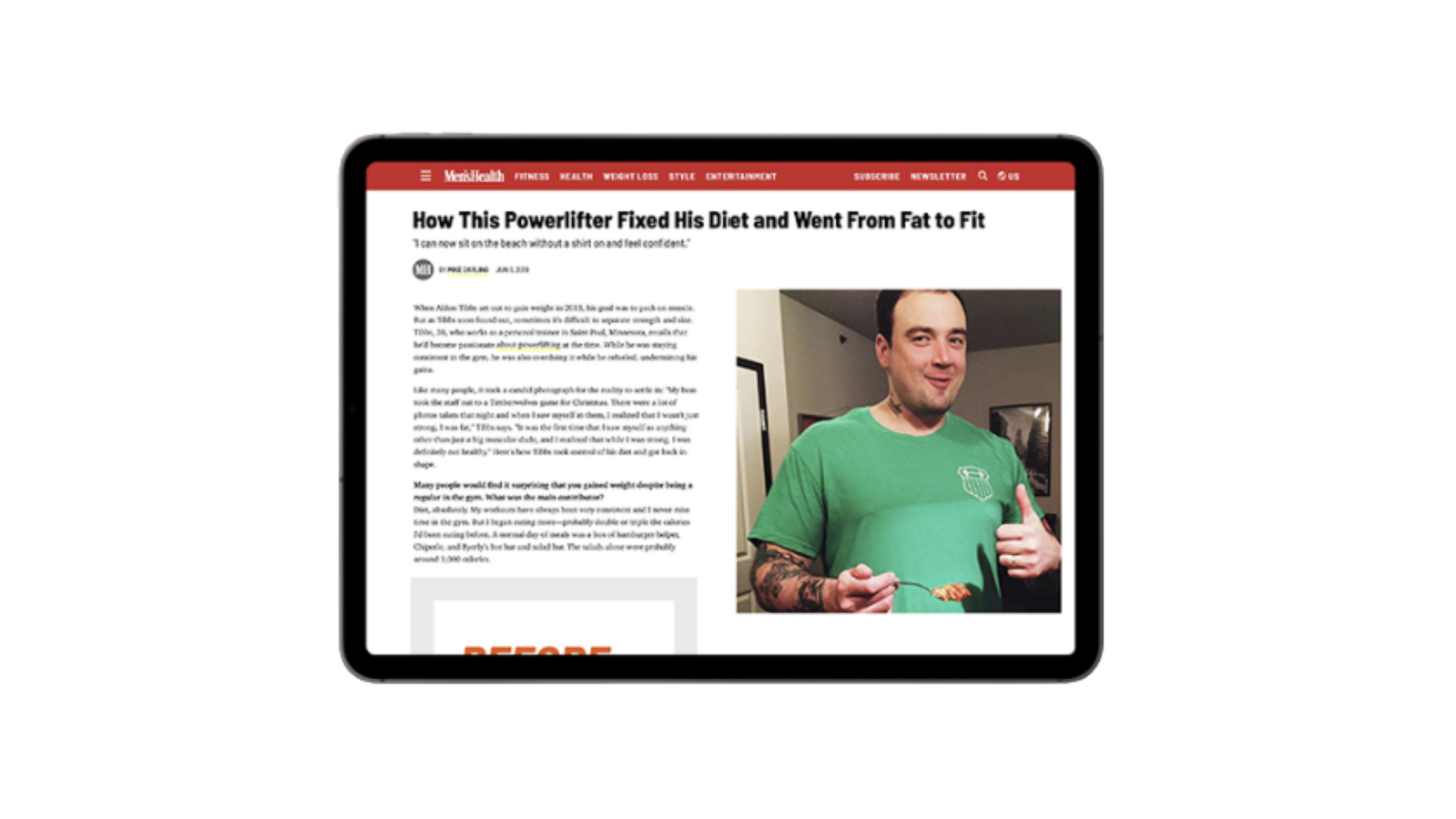 Tablet displaying a web article titled 'How This Powerlifter Fixed His Diet and Went From Fat to Fit' with a photo of a man in a green shirt holding food, giving a thumbs-up.