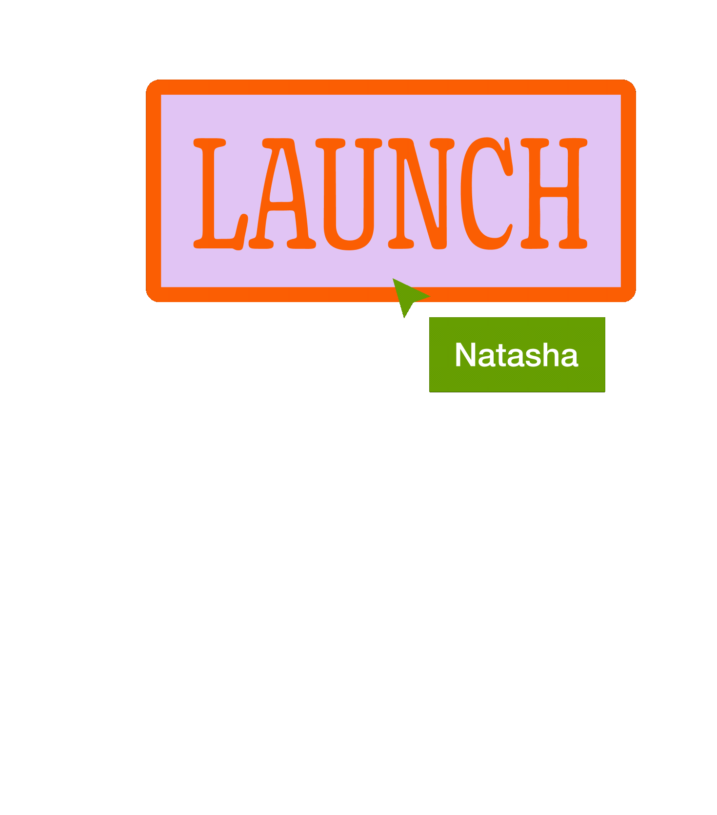 A digital graphic with a green background, featuring a pink rectangular button with orange border and the word 'LAUNCH' in bold orange letters. A green arrow cursor points to the button, and there is a green label with the name 'Natasha' in white text.