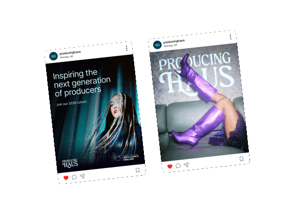 Two social media posts on a red background, one featuring a digital illustration of a woman with long hair and red lips, and the other showing a person in purple boots sitting on a couch with crossed legs.