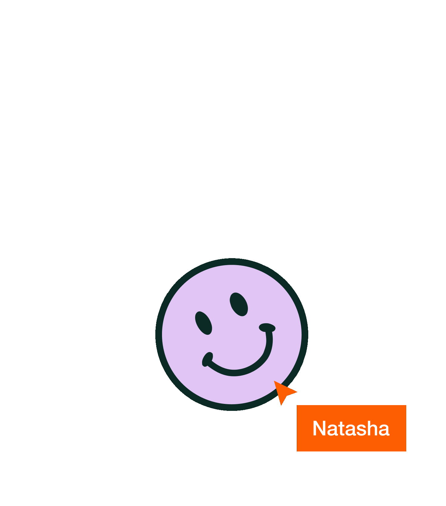 A brightly colored drawing of a simple, smiling, purple face with black eyes and a curved mouth, on an orange background. Below the face, there is an orange rectangle with the name "Natasha" written in white text.