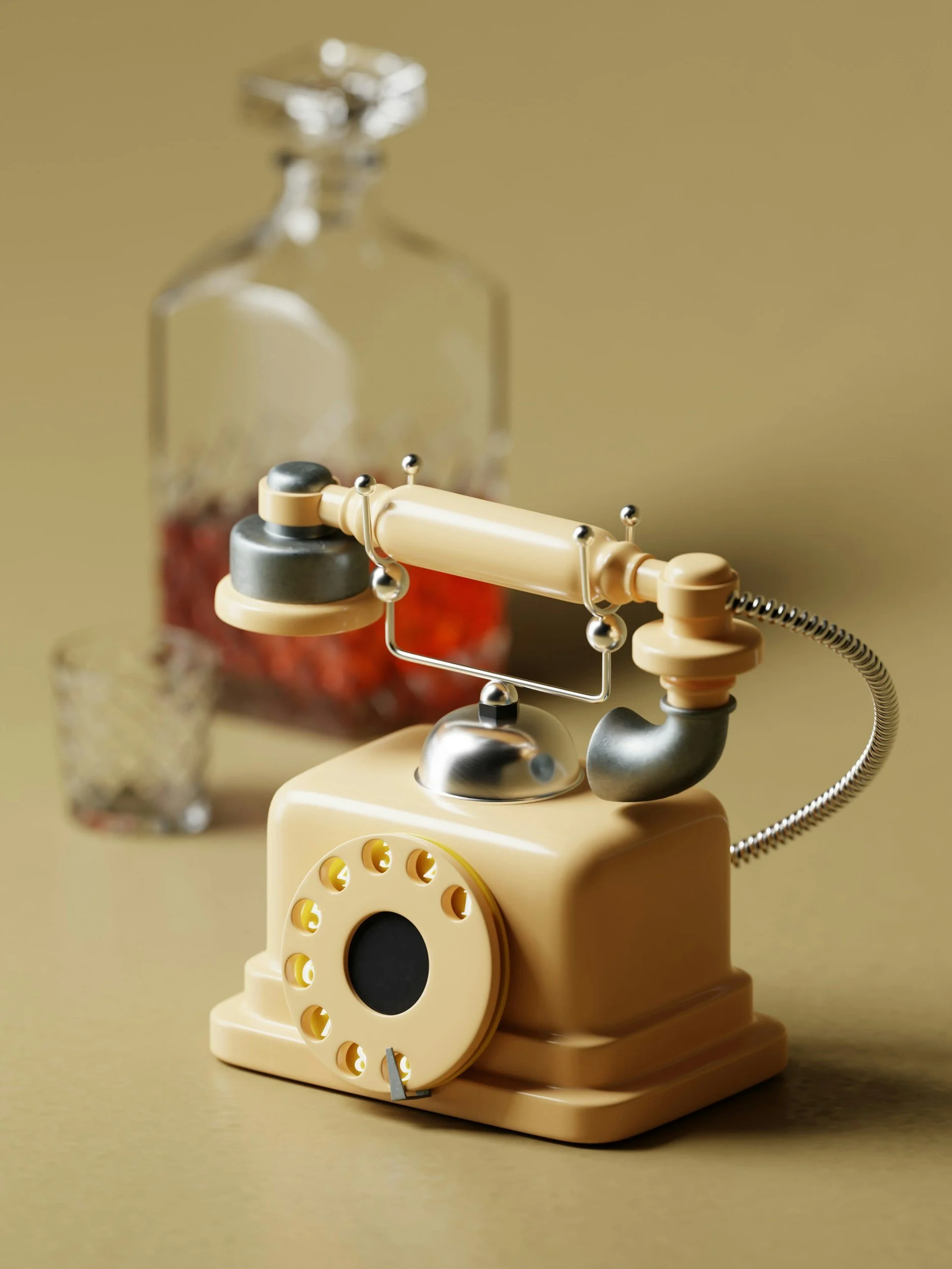 Vintage beige rotary telephone with a telephone receiver on top, in front of a glass bottle and a glass of liquid with red objects inside.