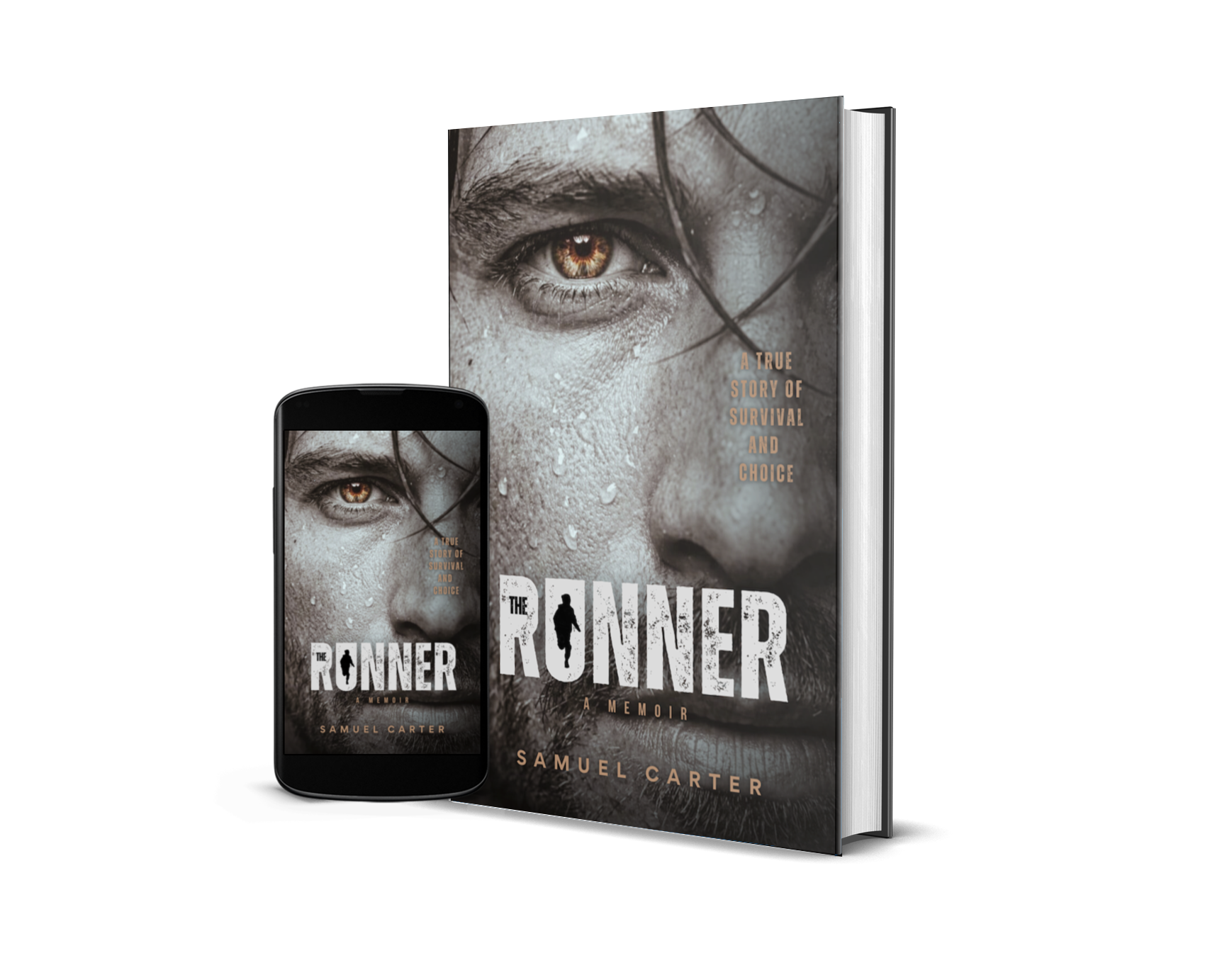 Book and phone display hardcover of 'The Runner' by Samuel Carter with close-up of a person's face, showing an eye with a reflection, water droplets on skin, and wet hair, emphasizing a survival story theme.