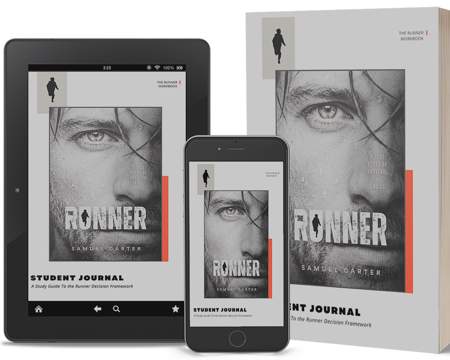 Digital and physical copies of a book titled "The Runner" by Samuel Carter, displayed on a tablet, smartphone, and a printed workbook, with a close-up black and white cover image of a person's face with water droplets and wet hair.