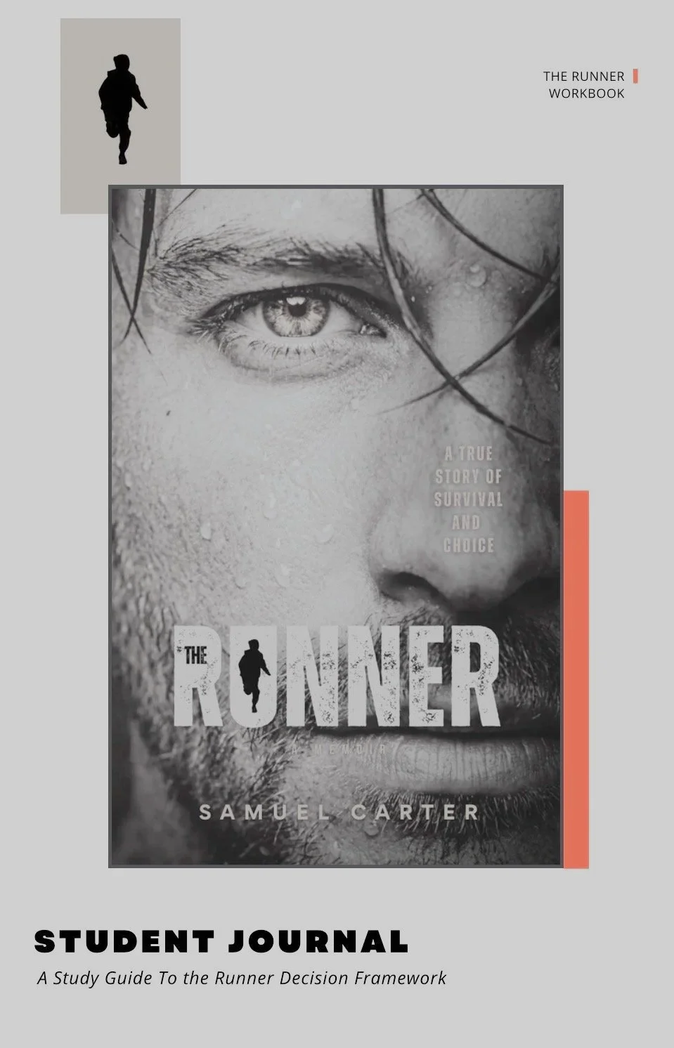 Student journal cover with a grayscale image of a man's face and a small silhouette of a runner, featuring the book titled 'The Runner' by Samuel Carter.