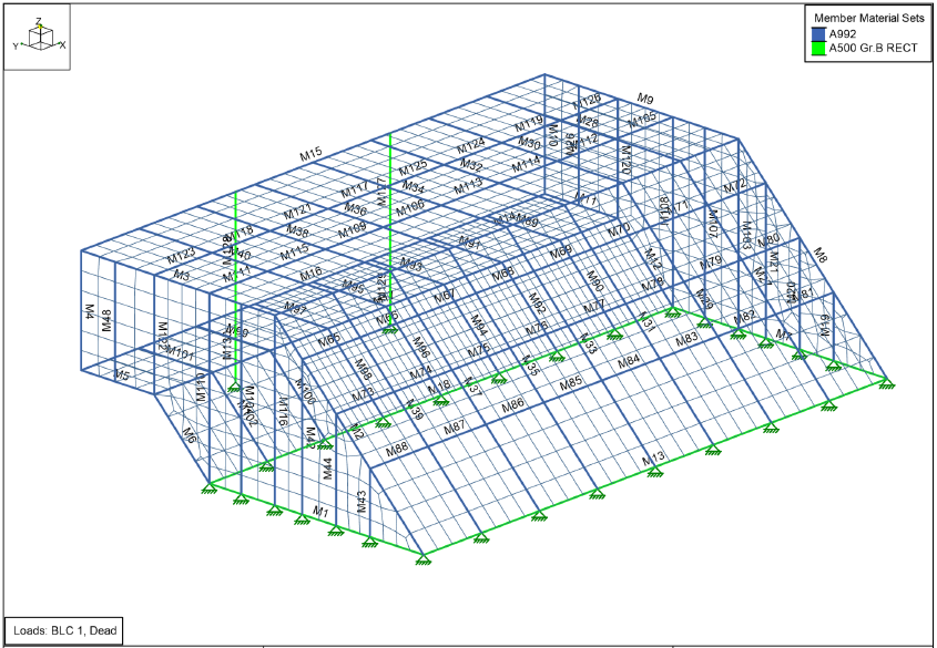 3D structural engineering model of a building framework showing different material zones and grid points labeled with M and N numbers, indicating the layout and support columns.