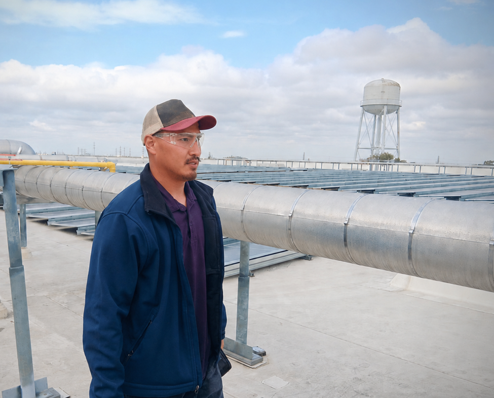 Man standing on a rooftop next to large industrial pipes with water tower and cloudy sky in background.