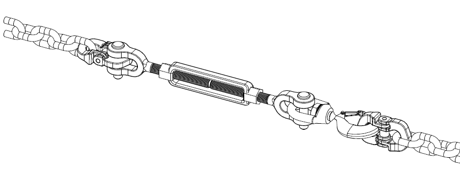 Black and white technical illustration of a mechanical device with interconnected parts, including a central tube with a coiled spring inside, and various joints and linkages on either side.