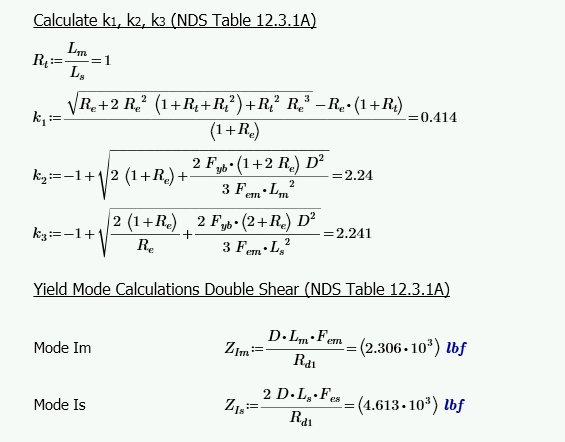 Screenshot of a technical document with calculations related to the NDS Table 12.3.1A, including formulas for k1, k2, k3 values, and yield mode calculations for double shear with formulas and numerical results.