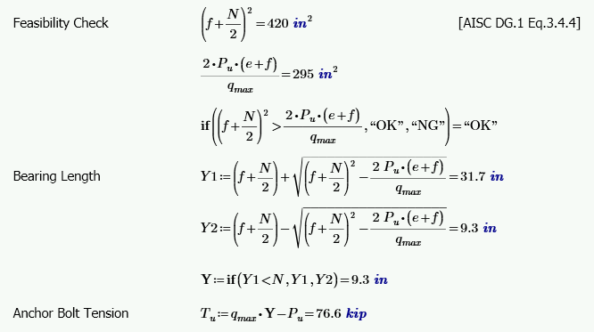 Page displaying engineering formulas related to feasibility check, bearing length, and anchor bolt tension, with mathematical equations and calculations.