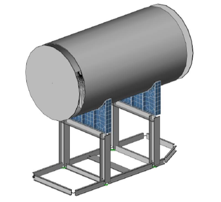 A cylindrical tank mounted on a metal frame with supporting legs, equipped with cooling fins or heat exchange panels on the sides.