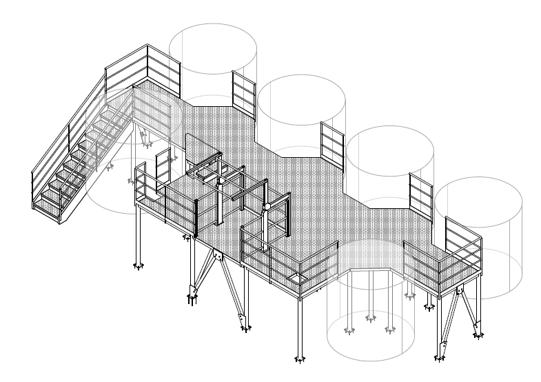 Isometric line drawing of a raised platform with a staircase, safety railings, and structural supports, designed for industrial or observation purposes.