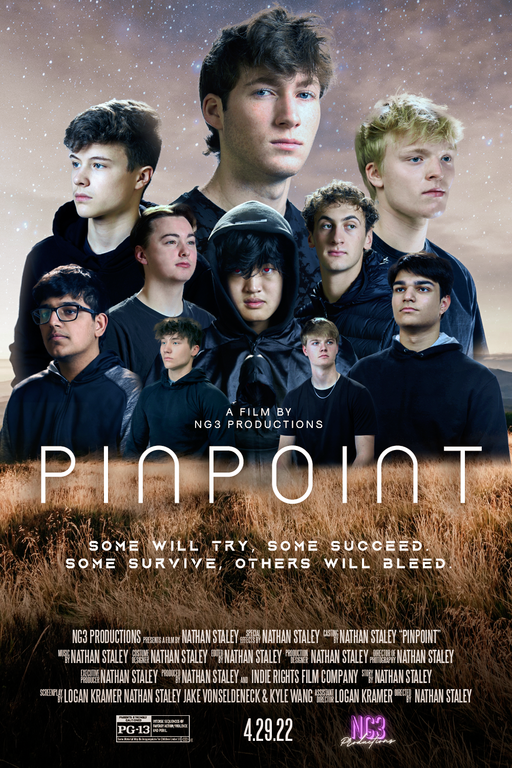 A movie poster titled "Pinpoint" showing a group of nine diverse young people standing in a field at dusk with a starry sky background. The tagline says "Some will try, some succeed, some survive, others will bleed."