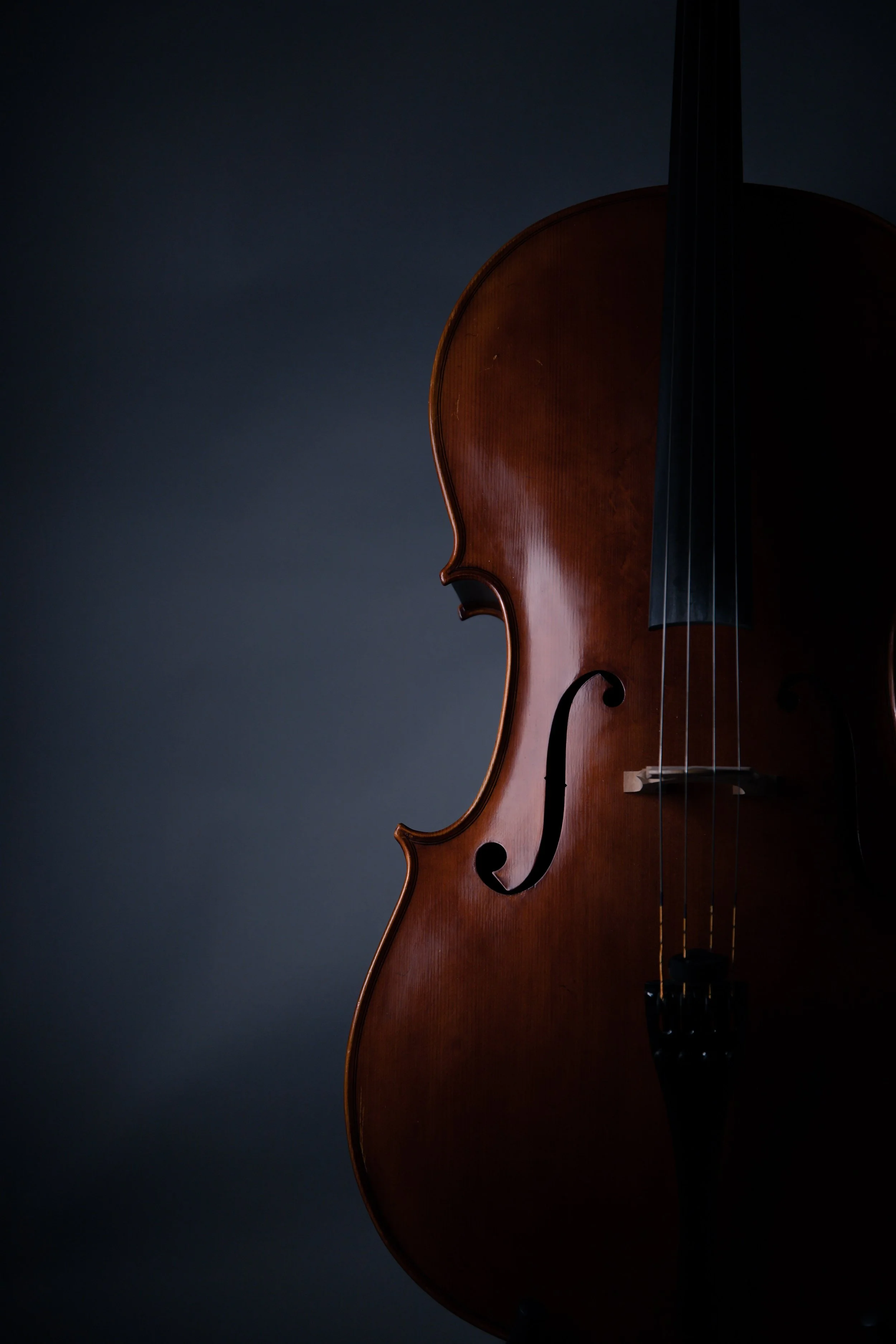 Close-up of a wooden cello on a dark background, partially illuminated.