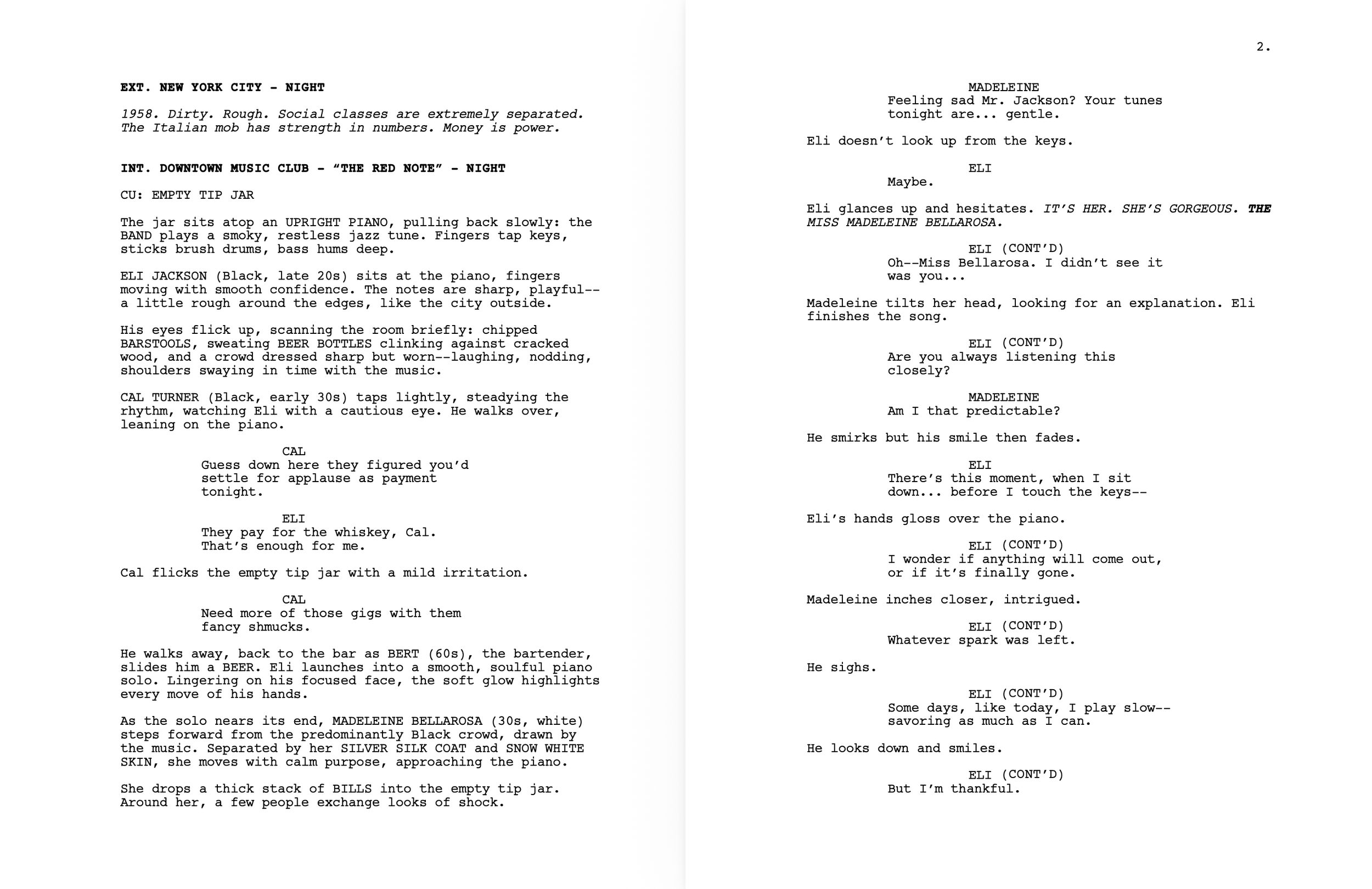 Screenshot of a screenplay or script for a scene set in New York City featuring music at a jazz club, with dialogue among characters including Eli, Madeleine, Cal, and Bert, describing a night in 1958.