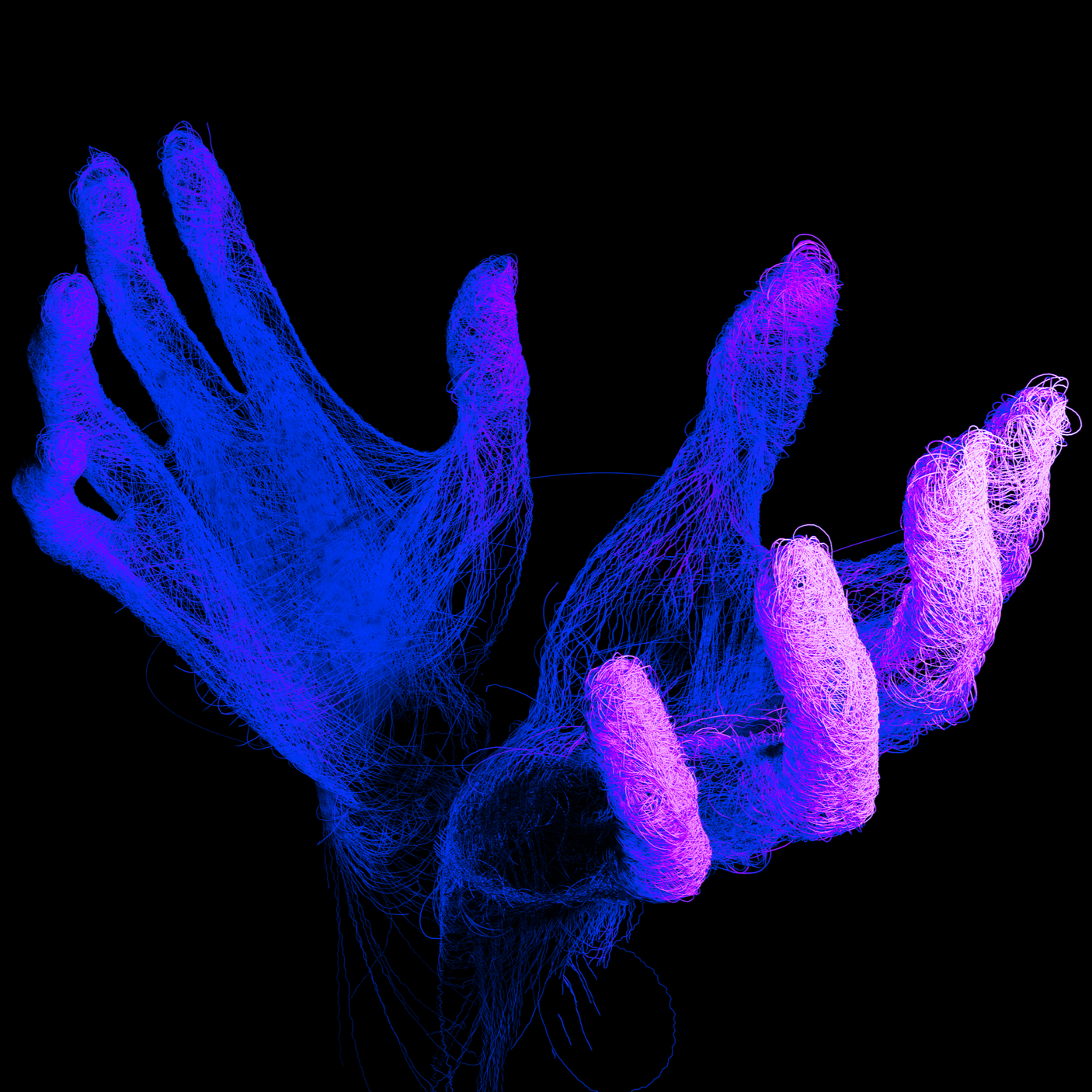 Digital illustration of human hands in blue and pink wireframe style against black background.